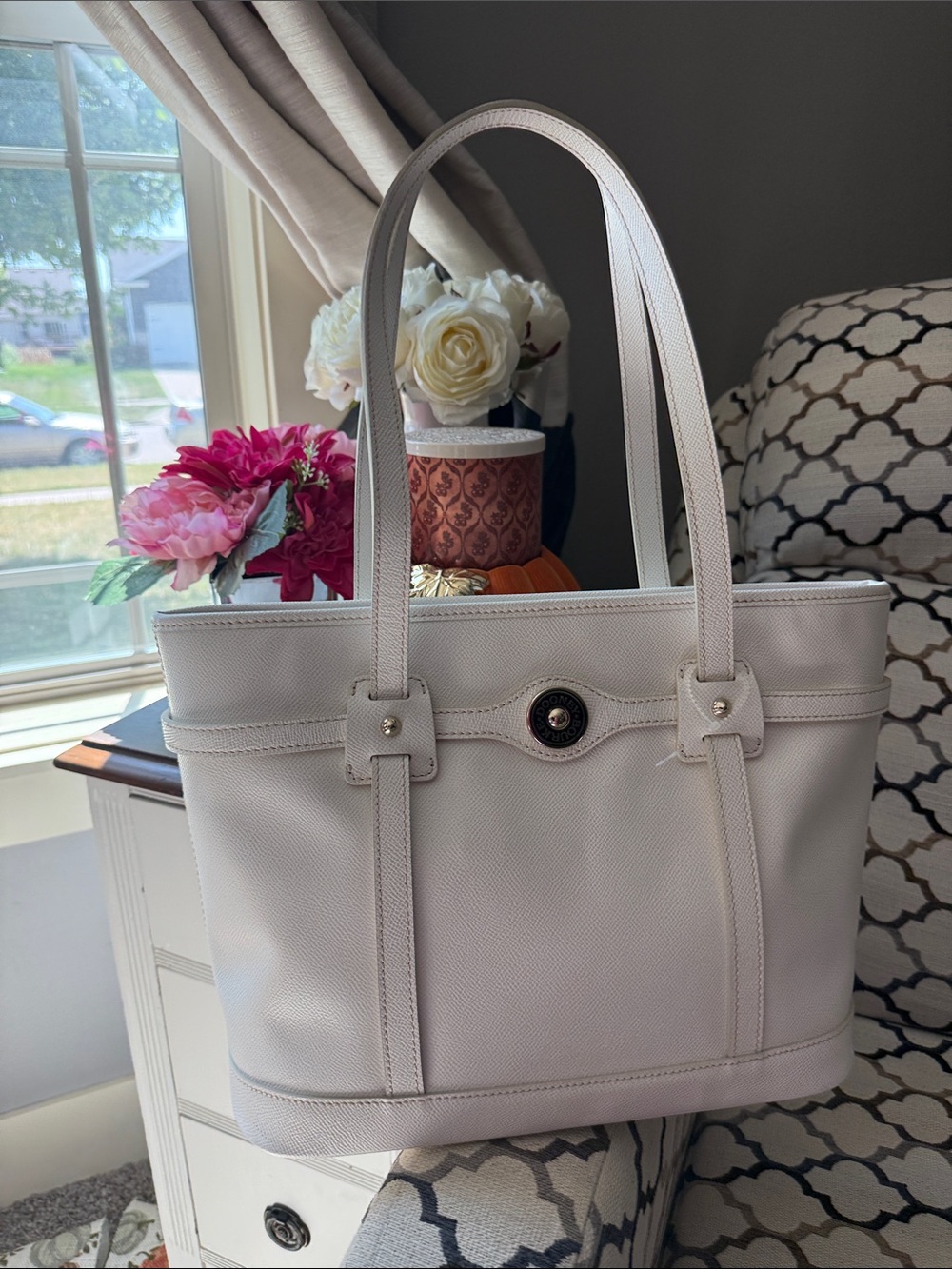 Elegant Cream Leather Tote Bag with Top Handles